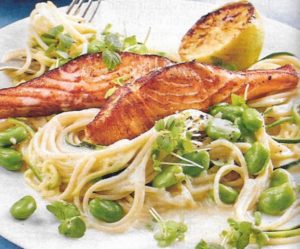 Lachs auf Spaghetti mit Bohnensoße